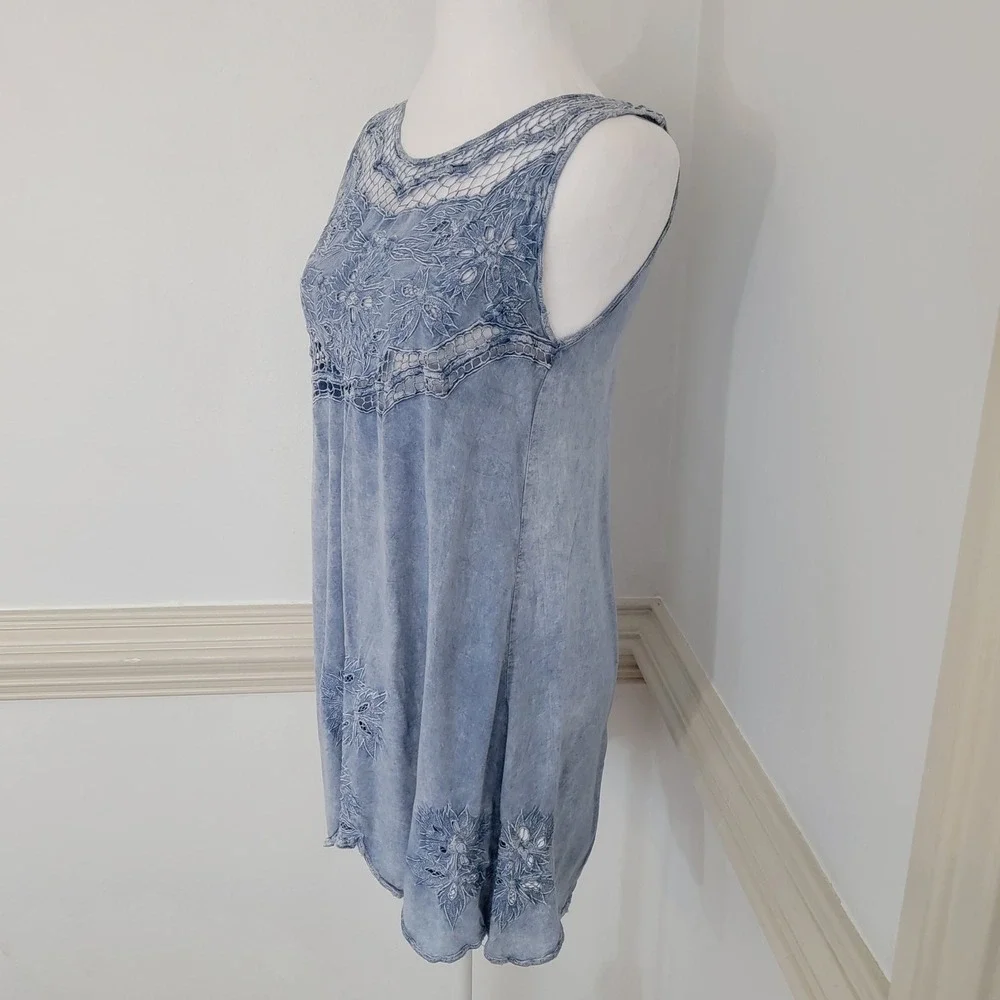 Tiare Hawaii Boho Tunic Top Cover Up Blue Embroidered Lace Sleeveless OS Flowy - Picture 3 of 10